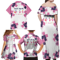Golf Flamingo Friends Family Matching Off Shoulder Maxi Dress and Hawaiian Shirt Pink Argyle Pattern and Custom Name Text on White and Rose Color Block - Wonder Print Shop