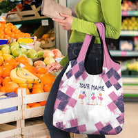 Golf Flamingo Friends Grocery Bag Pink Argyle Pattern and Custom Name Text on White and Rose Color Block - Wonder Print Shop