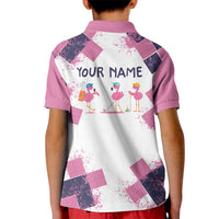 Golf Flamingo Friends Kid Polo Shirt Pink Argyle Pattern and Custom Name Text on White and Rose Color Block - Wonder Print Shop