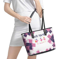 Golf Flamingo Friends Leather Tote Bag Pink Argyle Pattern and Custom Name Text on White and Rose Color Block - Wonder Print Shop