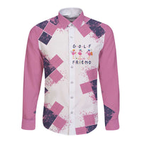 Golf Flamingo Friends Long Sleeve Button Shirt Pink Argyle Pattern and Custom Name Text on White and Rose Color Block - Wonder Print Shop