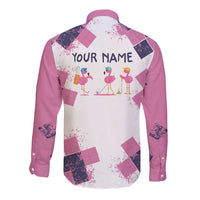 Golf Flamingo Friends Long Sleeve Button Shirt Pink Argyle Pattern and Custom Name Text on White and Rose Color Block - Wonder Print Shop