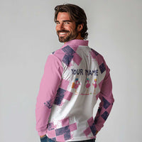 Golf Flamingo Friends Long Sleeve Polo Shirt Pink Argyle Pattern and Custom Name Text on White and Rose Color Block - Wonder Print Shop