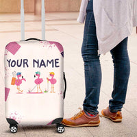 Golf Flamingo Friends Luggage Cover Pink Argyle Pattern and Custom Name Text on White and Rose Color Block - Wonder Print Shop