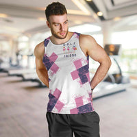 Golf Flamingo Friends Men Tank Top Pink Argyle Pattern and Custom Name Text on White and Rose Color Block - Wonder Print Shop