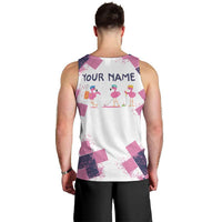 Golf Flamingo Friends Men Tank Top Pink Argyle Pattern and Custom Name Text on White and Rose Color Block - Wonder Print Shop