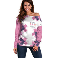 Golf Flamingo Friends Off Shoulder Sweater Pink Argyle Pattern and Custom Name Text on White and Rose Color Block - Wonder Print Shop