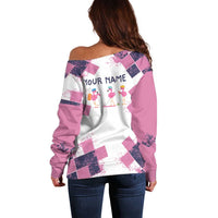 Golf Flamingo Friends Off Shoulder Sweater Pink Argyle Pattern and Custom Name Text on White and Rose Color Block - Wonder Print Shop