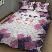 Golf Flamingo Friends Quilt Bed Set Pink Argyle Pattern and Custom Name Text on White and Rose Color Block - Wonder Print Shop