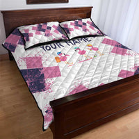 Golf Flamingo Friends Quilt Bed Set Pink Argyle Pattern and Custom Name Text on White and Rose Color Block - Wonder Print Shop