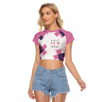 Golf Flamingo Friends Raglan Cropped T Shirt Pink Argyle Pattern and Custom Name Text on White and Rose Color Block - Wonder Print Shop