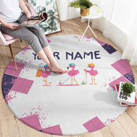 Golf Flamingo Friends Round Carpet Pink Argyle Pattern and Custom Name Text on White and Rose Color Block - Wonder Print Shop