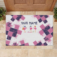 Golf Flamingo Friends Rubber Doormat Pink Argyle Pattern and Custom Name Text on White and Rose Color Block - Wonder Print Shop