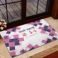 Golf Flamingo Friends Rubber Doormat Pink Argyle Pattern and Custom Name Text on White and Rose Color Block - Wonder Print Shop