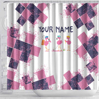 Golf Flamingo Friends Shower Curtain Pink Argyle Pattern and Custom Name Text on White and Rose Color Block - Wonder Print Shop