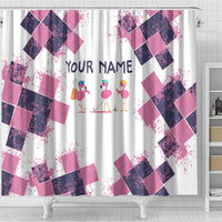 Golf Flamingo Friends Shower Curtain Pink Argyle Pattern and Custom Name Text on White and Rose Color Block - Wonder Print Shop