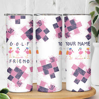 Golf Flamingo Friends Skinny Tumbler Pink Argyle Pattern and Custom Name Text on White and Rose Color Block - Wonder Print Shop