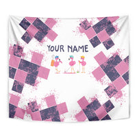 Golf Flamingo Friends Tapestry Pink Argyle Pattern and Custom Name Text on White and Rose Color Block - Wonder Print Shop