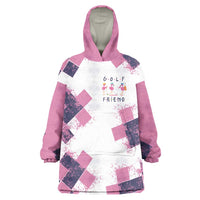 Golf Flamingo Friends Wearable Blanket Hoodie Pink Argyle Pattern and Custom Name Text on White and Rose Color Block - Wonder Print Shop