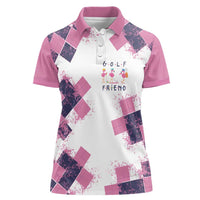 Golf Flamingo Friends Women Polo Shirt Pink Argyle Pattern and Custom Name Text on White and Rose Color Block - Wonder Print Shop