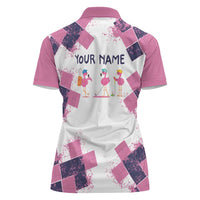 Golf Flamingo Friends Women Polo Shirt Pink Argyle Pattern and Custom Name Text on White and Rose Color Block - Wonder Print Shop