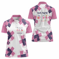 Golf Flamingo Friends Women Polo Shirt Pink Argyle Pattern and Custom Name Text on White and Rose Color Block - Wonder Print Shop
