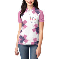 Golf Flamingo Friends Women Polo Shirt Pink Argyle Pattern and Custom Name Text on White and Rose Color Block - Wonder Print Shop