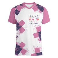 Golf Flamingo Friends Women V-Neck T-Shirt Pink Argyle Pattern and Custom Name Text on White and Rose Color Block - Wonder Print Shop