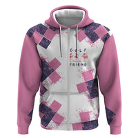 Golf Flamingo Friends Zip Hoodie Pink Argyle Pattern and Custom Name Text on White and Rose Color Block - Wonder Print Shop