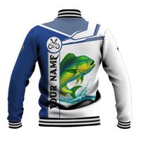 Mahi Mahi Fish Baseball Jacket Nautical Anchors and Wave Splash on White and Blue Split Background - Wonder Print Shop
