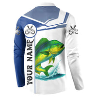 Mahi Mahi Fish Button Sweatshirt Nautical Anchors and Wave Splash on White and Blue Split Background - Wonder Print Shop