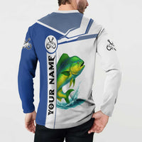 Mahi Mahi Fish Button Sweatshirt Nautical Anchors and Wave Splash on White and Blue Split Background - Wonder Print Shop