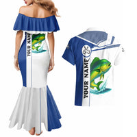 Mahi Mahi Fish Couples Matching Mermaid Dress and Hawaiian Shirt Nautical Anchors and Wave Splash on White and Blue Split Background - Wonder Print Shop