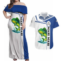 Mahi Mahi Fish Couples Matching Off Shoulder Maxi Dress and Hawaiian Shirt Nautical Anchors and Wave Splash on White and Blue Split Background - Wonder Print Shop