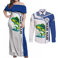 Mahi Mahi Fish Couples Matching Off Shoulder Maxi Dress and Long Sleeve Button Shirt Nautical Anchors and Wave Splash on White and Blue Split Background - Wonder Print Shop