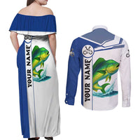 Mahi Mahi Fish Couples Matching Off Shoulder Maxi Dress and Long Sleeve Button Shirt Nautical Anchors and Wave Splash on White and Blue Split Background - Wonder Print Shop