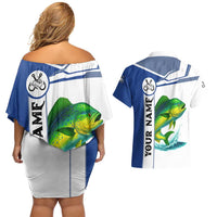 Mahi Mahi Fish Couples Matching Off Shoulder Short Dress and Hawaiian Shirt Nautical Anchors and Wave Splash on White and Blue Split Background - Wonder Print Shop