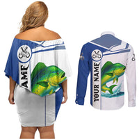 Mahi Mahi Fish Couples Matching Off Shoulder Short Dress and Long Sleeve Button Shirt Nautical Anchors and Wave Splash on White and Blue Split Background - Wonder Print Shop