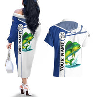 Mahi Mahi Fish Couples Matching Off The Shoulder Long Sleeve Dress and Hawaiian Shirt Nautical Anchors and Wave Splash on White and Blue Split Background - Wonder Print Shop