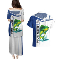 Mahi Mahi Fish Couples Matching Puletasi and Hawaiian Shirt Nautical Anchors and Wave Splash on White and Blue Split Background - Wonder Print Shop