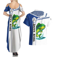 Mahi Mahi Fish Couples Matching Summer Maxi Dress and Hawaiian Shirt Nautical Anchors and Wave Splash on White and Blue Split Background - Wonder Print Shop