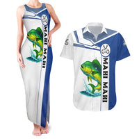 Mahi Mahi Fish Couples Matching Tank Maxi Dress and Hawaiian Shirt Nautical Anchors and Wave Splash on White and Blue Split Background - Wonder Print Shop