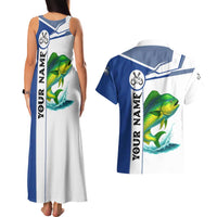 Mahi Mahi Fish Couples Matching Tank Maxi Dress and Hawaiian Shirt Nautical Anchors and Wave Splash on White and Blue Split Background - Wonder Print Shop
