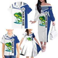 Mahi Mahi Fish Family Matching Off The Shoulder Long Sleeve Dress and Hawaiian Shirt Nautical Anchors and Wave Splash on White and Blue Split Background - Wonder Print Shop