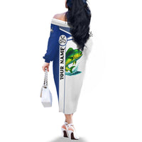 Mahi Mahi Fish Family Matching Off The Shoulder Long Sleeve Dress and Hawaiian Shirt Nautical Anchors and Wave Splash on White and Blue Split Background - Wonder Print Shop