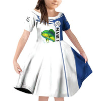 Mahi Mahi Fish Family Matching Off Shoulder Short Dress and Hawaiian Shirt Nautical Anchors and Wave Splash on White and Blue Split Background - Wonder Print Shop