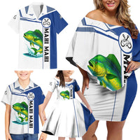 Mahi Mahi Fish Family Matching Off Shoulder Short Dress and Hawaiian Shirt Nautical Anchors and Wave Splash on White and Blue Split Background - Wonder Print Shop