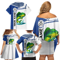 Mahi Mahi Fish Family Matching Off Shoulder Short Dress and Hawaiian Shirt Nautical Anchors and Wave Splash on White and Blue Split Background - Wonder Print Shop