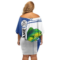 Mahi Mahi Fish Family Matching Off Shoulder Short Dress and Hawaiian Shirt Nautical Anchors and Wave Splash on White and Blue Split Background - Wonder Print Shop