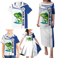 Mahi Mahi Fish Family Matching Puletasi and Hawaiian Shirt Nautical Anchors and Wave Splash on White and Blue Split Background - Wonder Print Shop